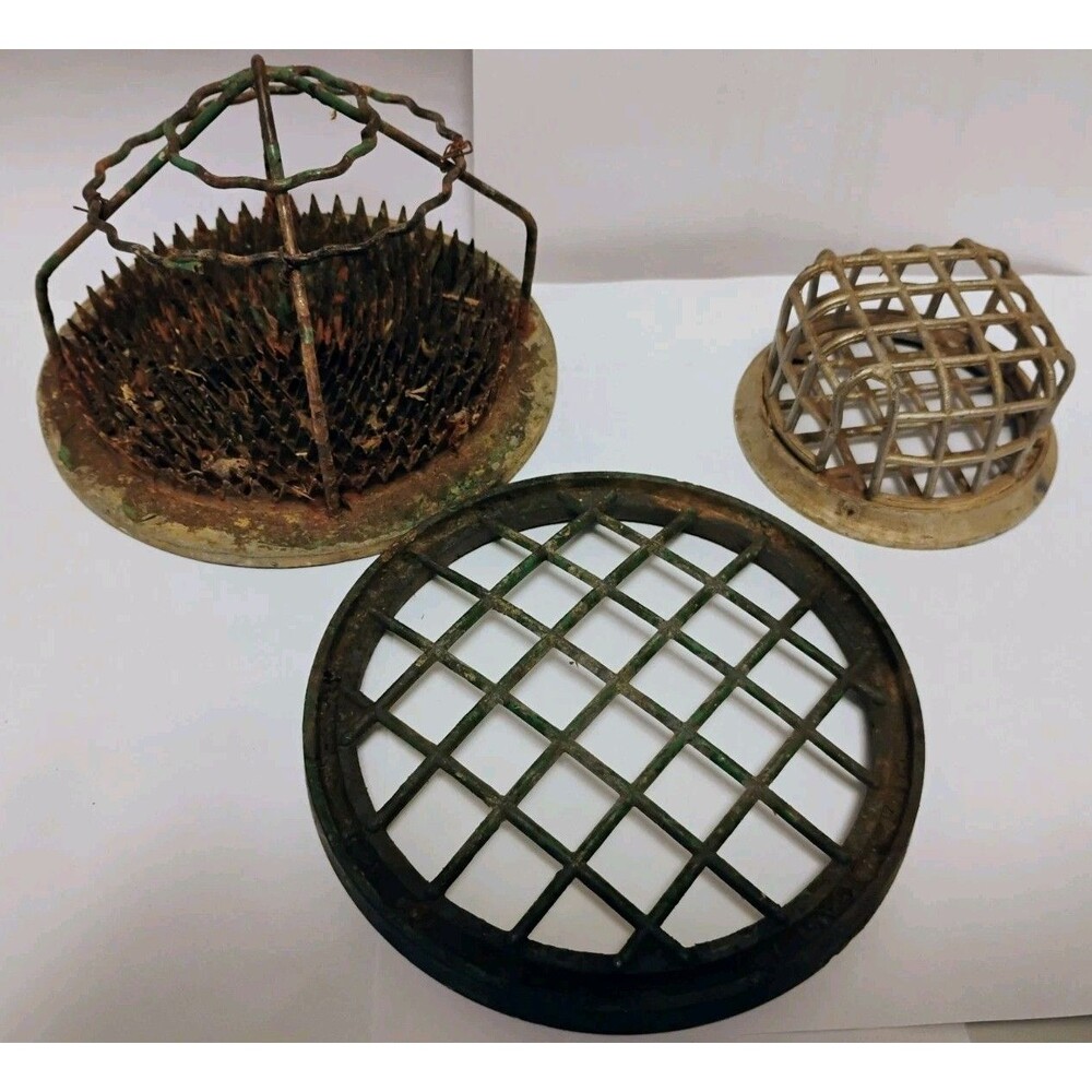Vtg Vogue Dazey Flower Frog Lot 3 Signed Pasadena LA Cal Ribbon Pin Cage Metal